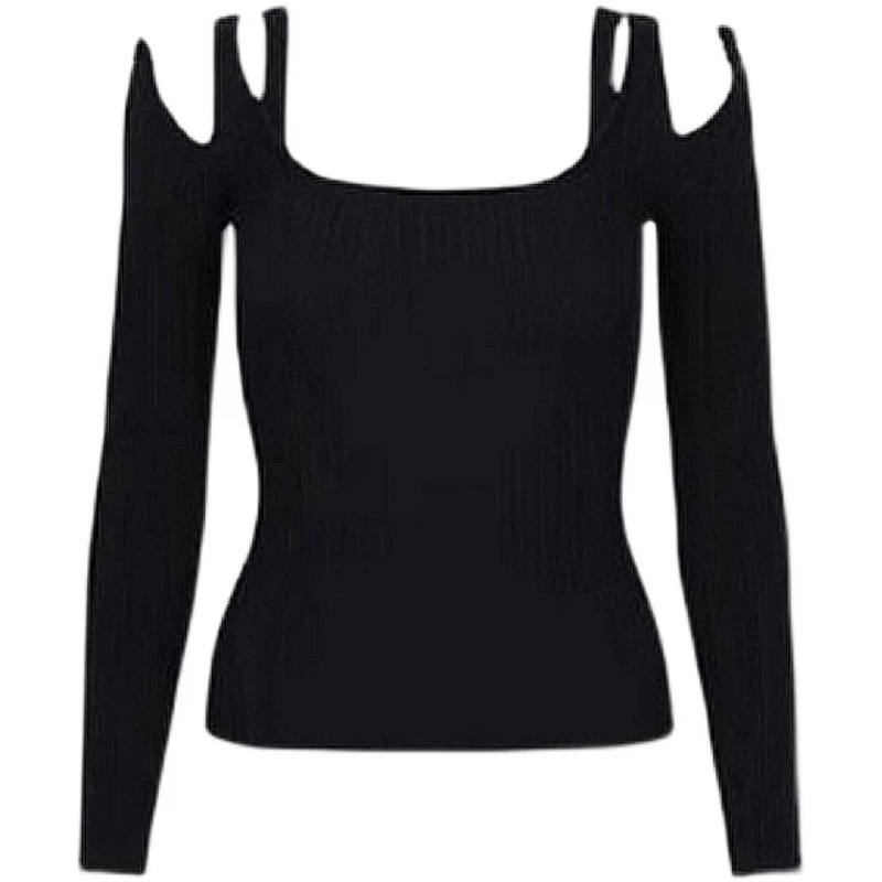 Long Sleeve T-shirt Black Bottomed Shirt Off Shoulder Design Feeling Slim Fit Elastic Knitted Autumn | Женская одежда