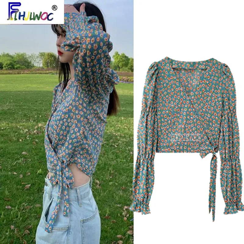 

Женская блузка с маленьким синим цветком, короткий топ Flhjlwoc с V-образным вырезом и бантом, топы, Лидер продаж