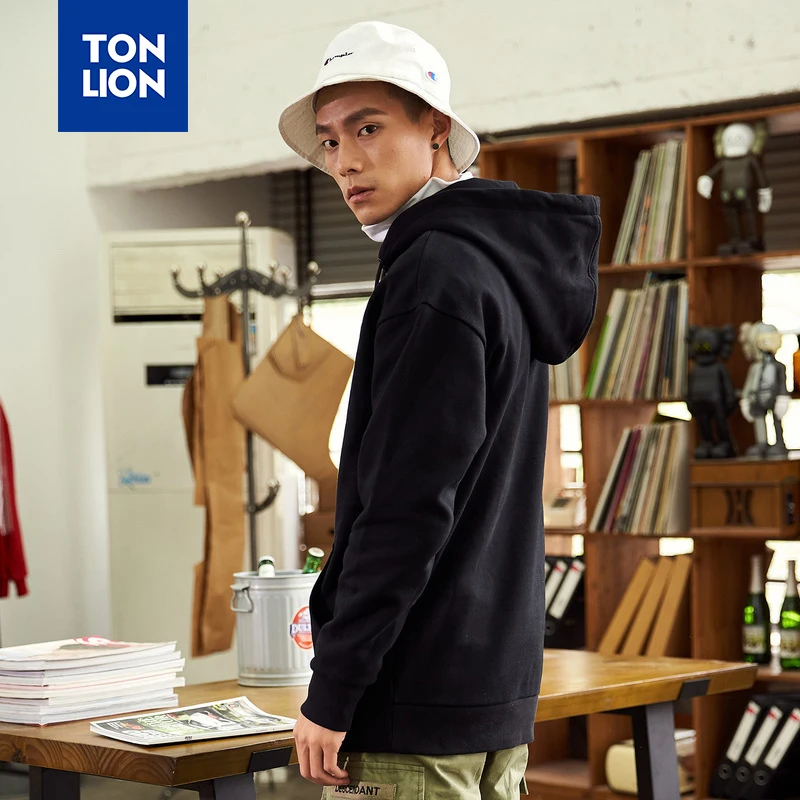 TONLION Black Mens Hoodies with Hat 2020 Spring New Casual Sweatshirts Loose for Males Classic Simple Mans Pullover Dropshipping | Мужская