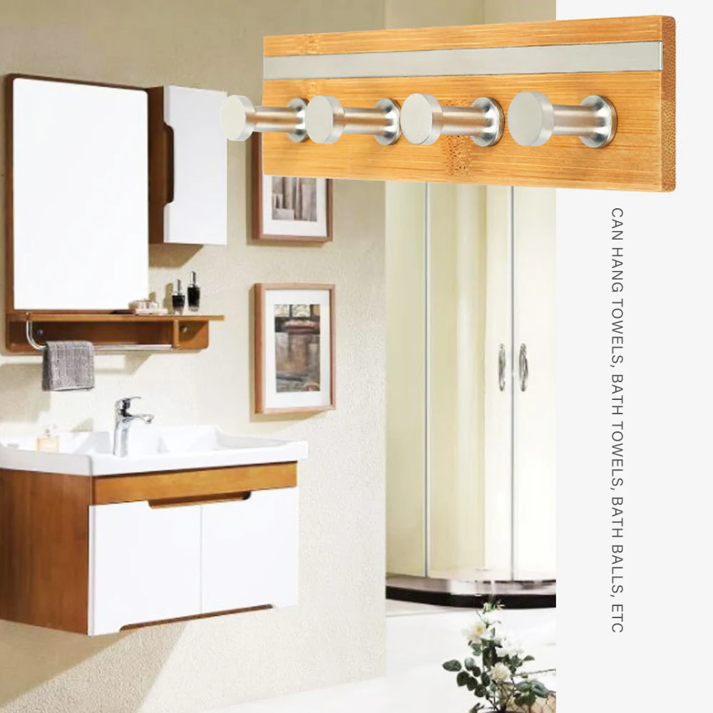 

4pcs/set Punch-Free Bamboo Hook Wooden Stainless Steel Wall Hook Clothes Behind The Door for Bathroom Shelves Glue