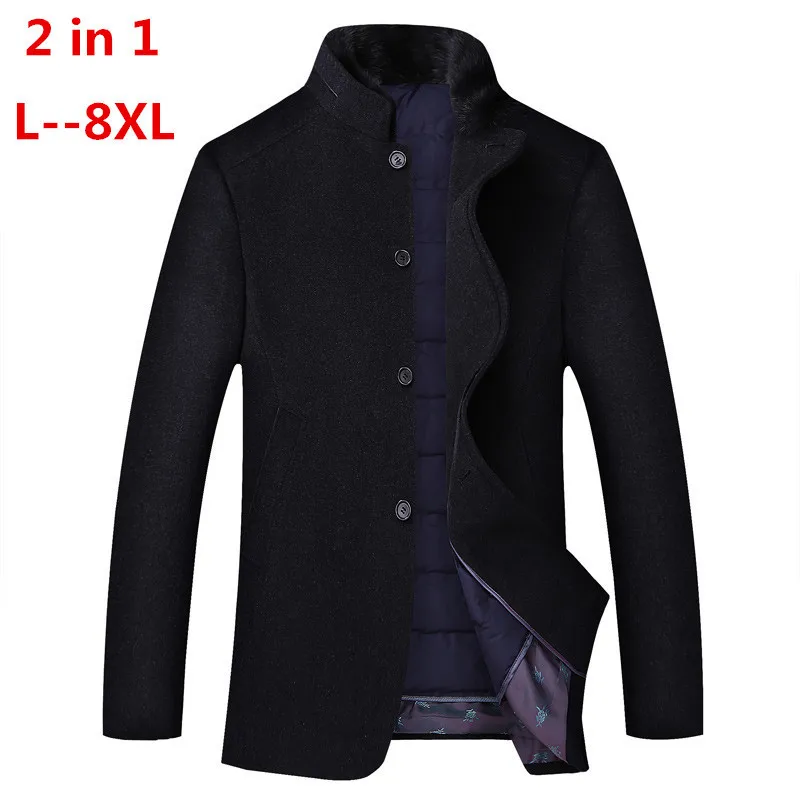 

8XL 6XL 2 in 1 Winter Men Casual Wool Trench Coat Fashion Business Long Thicken Slim Overcoat Jacket Male Peacoat Brand Clothes