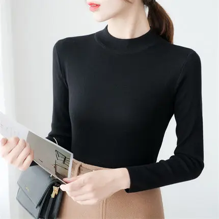 Ohclothing2019европейский зимний женский свитер с полувысоким воротником, тонкая белая рубашка, свитер с рукавами, тонкий женский свитер с коротким рукавом