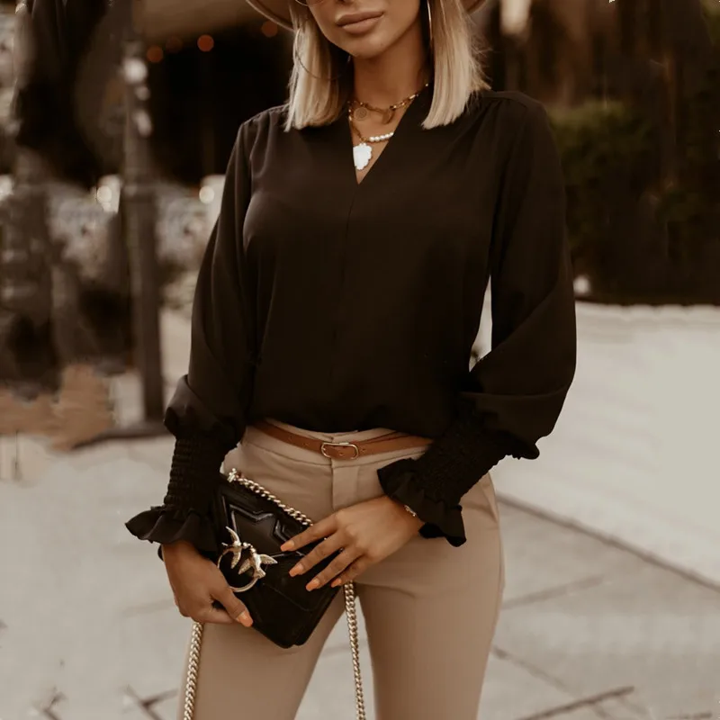 

Summer 202 Pure Color Simple V-neck Ladies Shirt Ladies Elegant Shirt Ladies Loose Stitching Long Sleeve Shirt Top