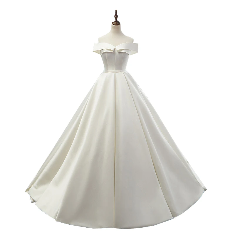 

Высококачественное атласное свадебное платье, новинка, бальное платье принцессы с открытыми плечами и шнуровкой, платье с вырезом лодочкой