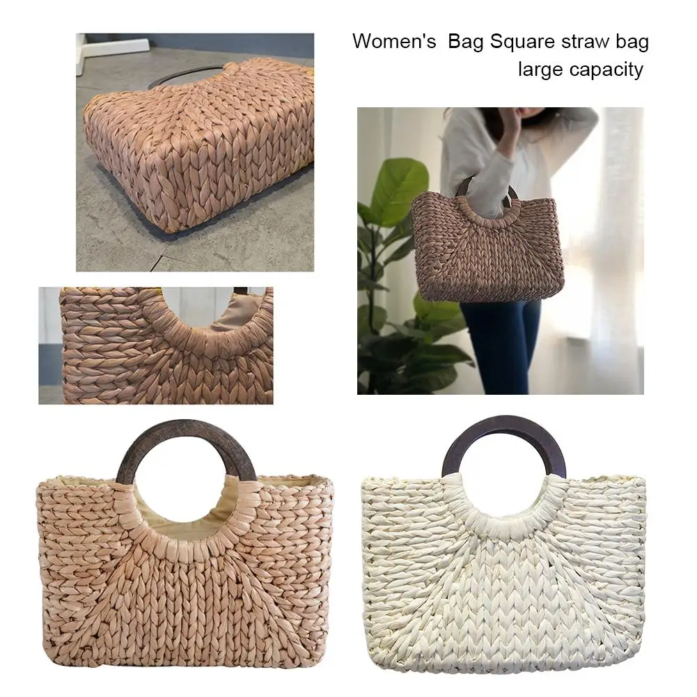 

Hansenne Retro Handbag Fashionable Square Straw Weaving Bag Wooden Handle Corn Leather Large Capacity Female Women Beach Bag New