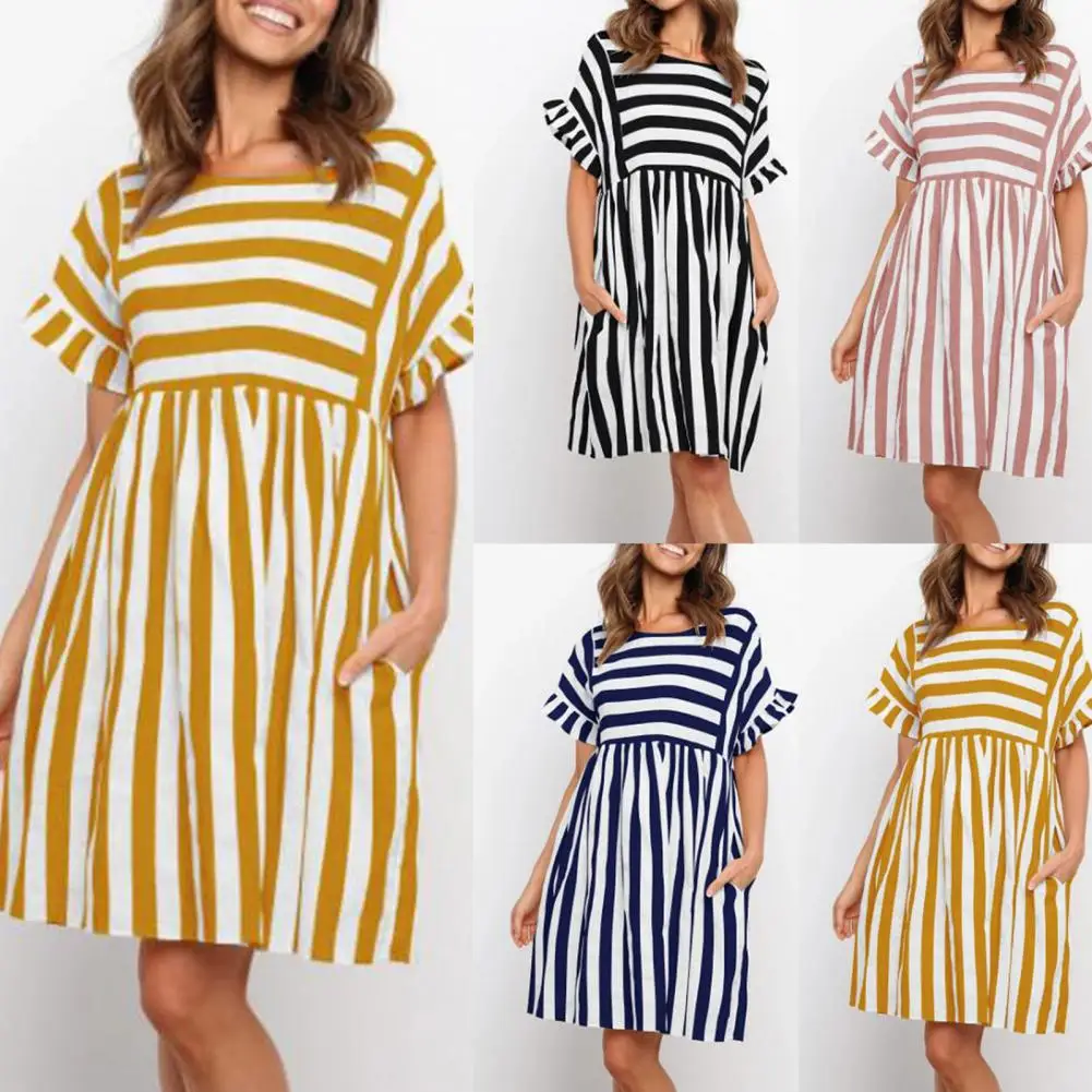 

Summer Woman Dress 2021 Midi Dress Ruffle Sleeve High Waist Cotton Blend Summer Striped Beach Dress for Ladies