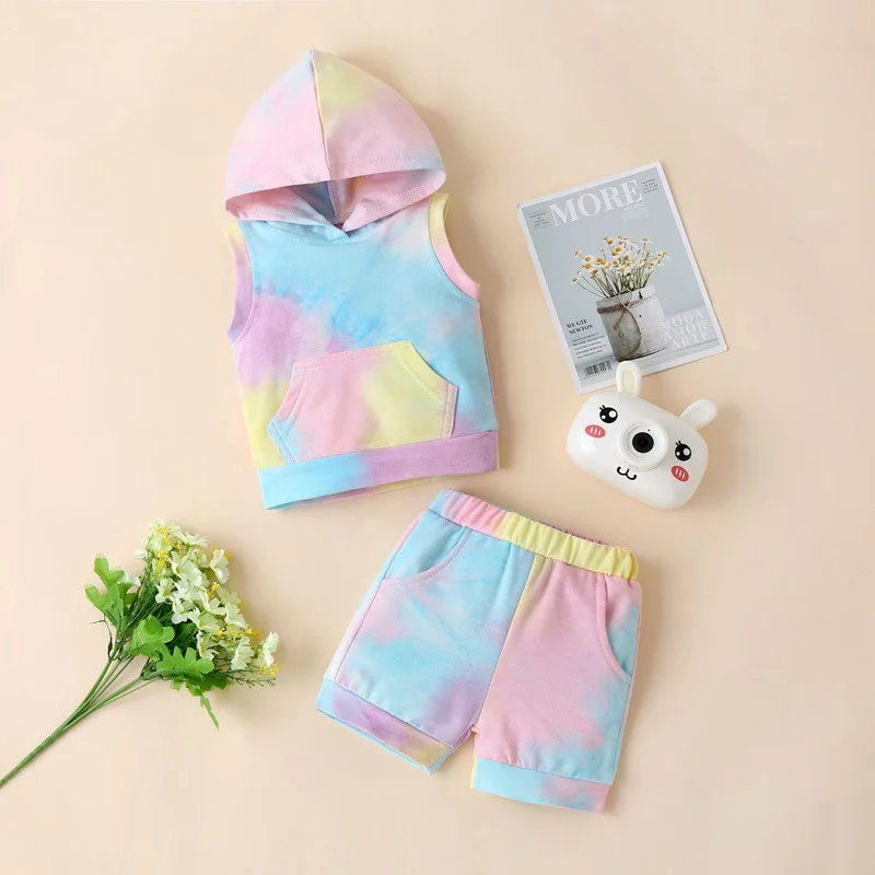 

2021 Children's Clothing Summer New Tie-Dyed Sleeveless Suit Kids Clothes Girls