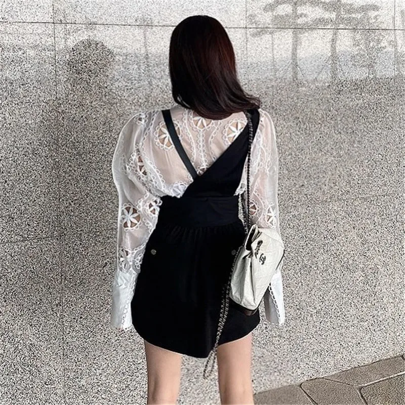 

Hollow Out Floral Embroidery Blouse Shirt Women Sexy See Through Long Sleeve Loose White Top Turn Down Collar Summer Shirts A764