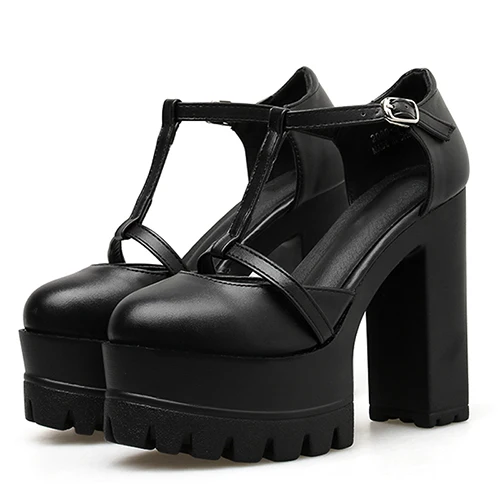 black shoes Gdgydh Spring Autumn Ankle Strap Buckle Women Pumps Black Thick High Heeled Shoes Female Single Shoes Shallow Out Soft Leather - Цвет: black shoes