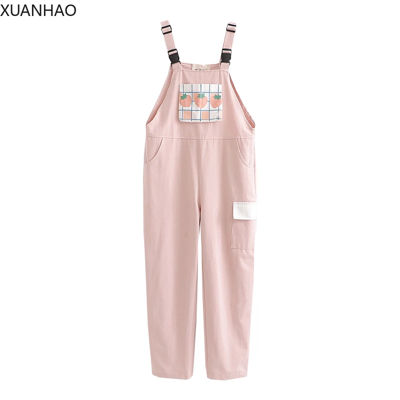 

XUANHAO Harajuku Kawaii Strap Pants Women Sweet Plaid Strawberry Print Casual Trousers Female Pink Overalls Girls Cute Jumpsuit