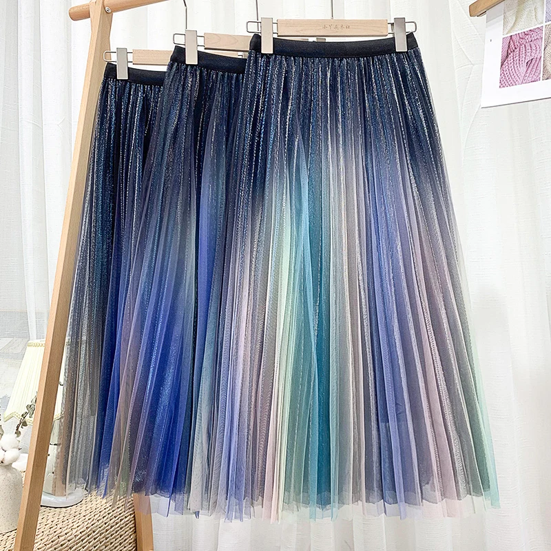 Летние женские юбки новинка 2021 модная плиссированная юбка из тюля с