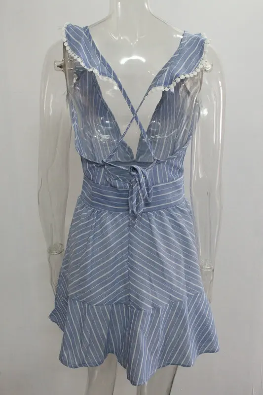 

2019 New summer Women sexy Ruffles dresses Boho Striped dress V Neck Sleeveless high Waist lace Up Backless beach Vestidos