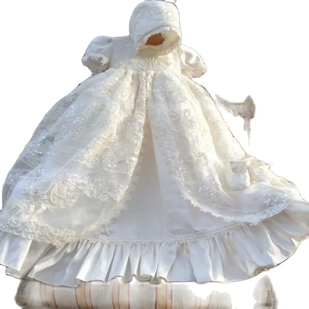 

Lolita Christening Gown Lace Sequins Baby Infant Toddler Girls Baptism Dresses With bonnet White Ivory