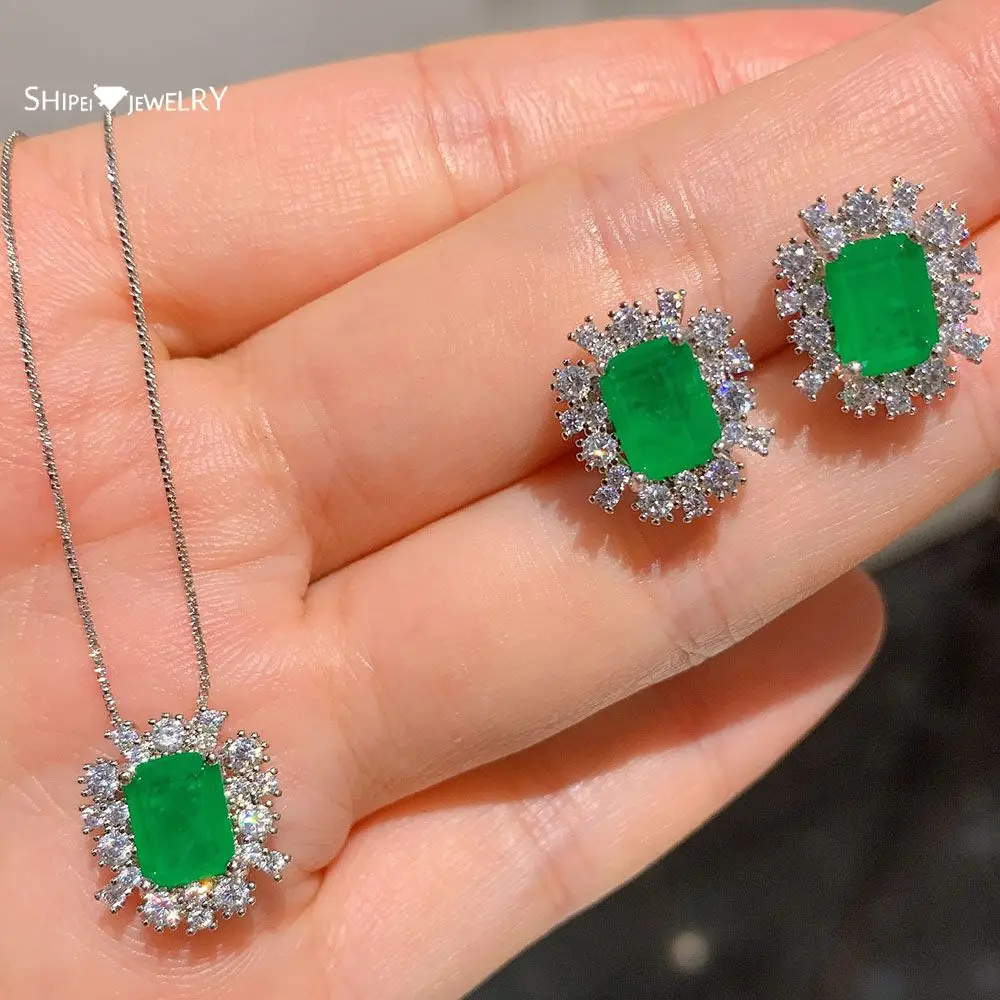 

Shipei Vintage 925Sterling Silver Emerald Created Moissanite Gemstone Diamonds Earrings/Pendant/Necklace Wedding Jewelry Sets