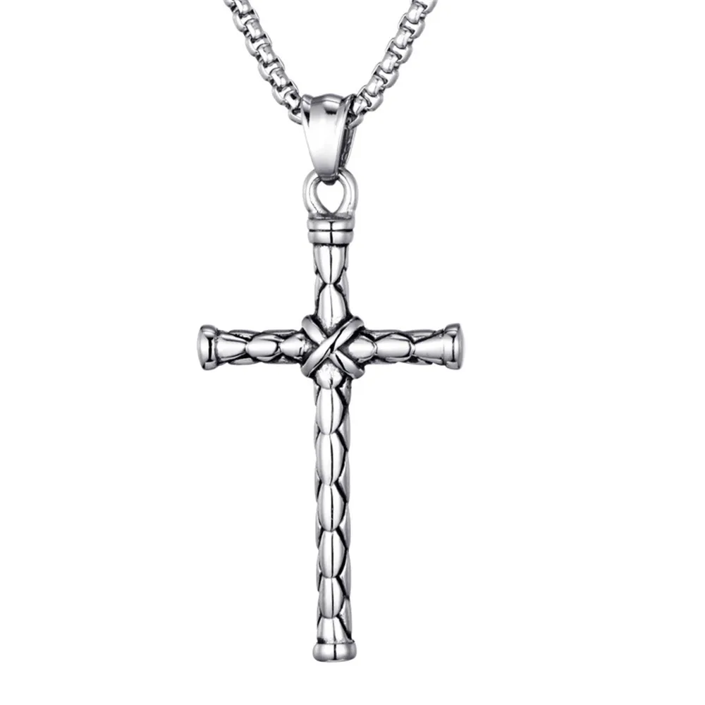 

Mens Necklace Stainless Steel Jesus Cross Pendant Necklace Silver Colour Winding Simple Pattern Pendant Easter Punk Jewelry Gift