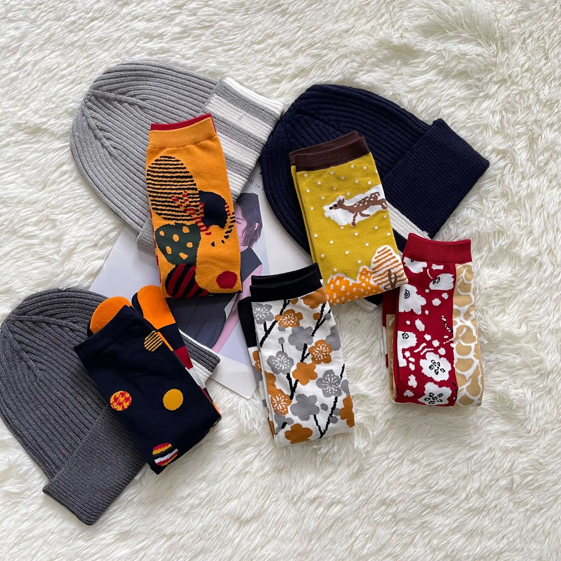 Christmas Socks Elk Sweets Merlin Deer Flower Cute Colorful Two Toe Socks Combed Cotton Cozy Breathable Tabi Socks Women