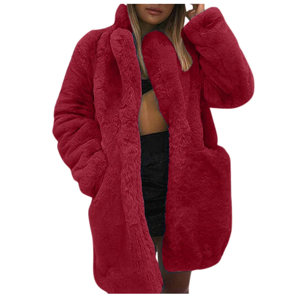 Winter Women Faux Fur Coat Solid Long Sleeve Jacket Cardigan Pock Overcoat Warm Outwear Yellow Pink Blue Wine Black Fur Coat