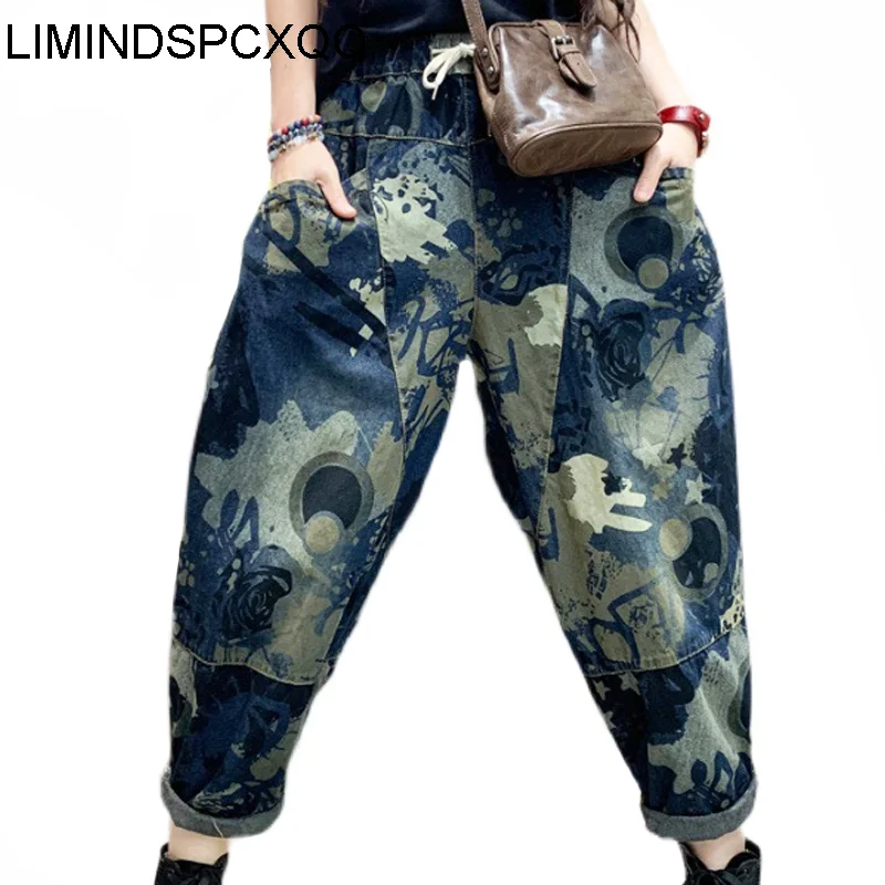

Женские джинсы с принтом, Британская мода, синие джинсы в стиле ретро, городской стиль, большие брюки, летние джинсы с эластичным поясом 2021
