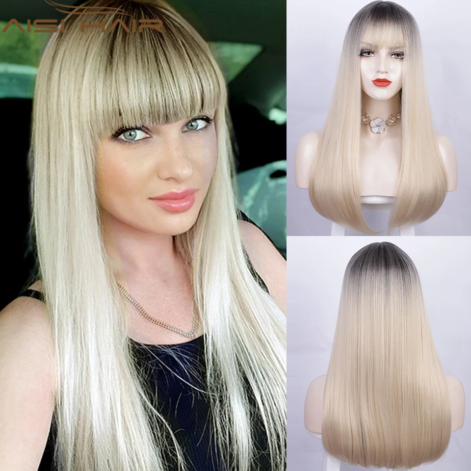 

AISI HAIR Long Straight Synthetic Hair Blonde Wig with Bangs for Women Ombre Blonde Color Natural Wigs Heat Resistant Fiber