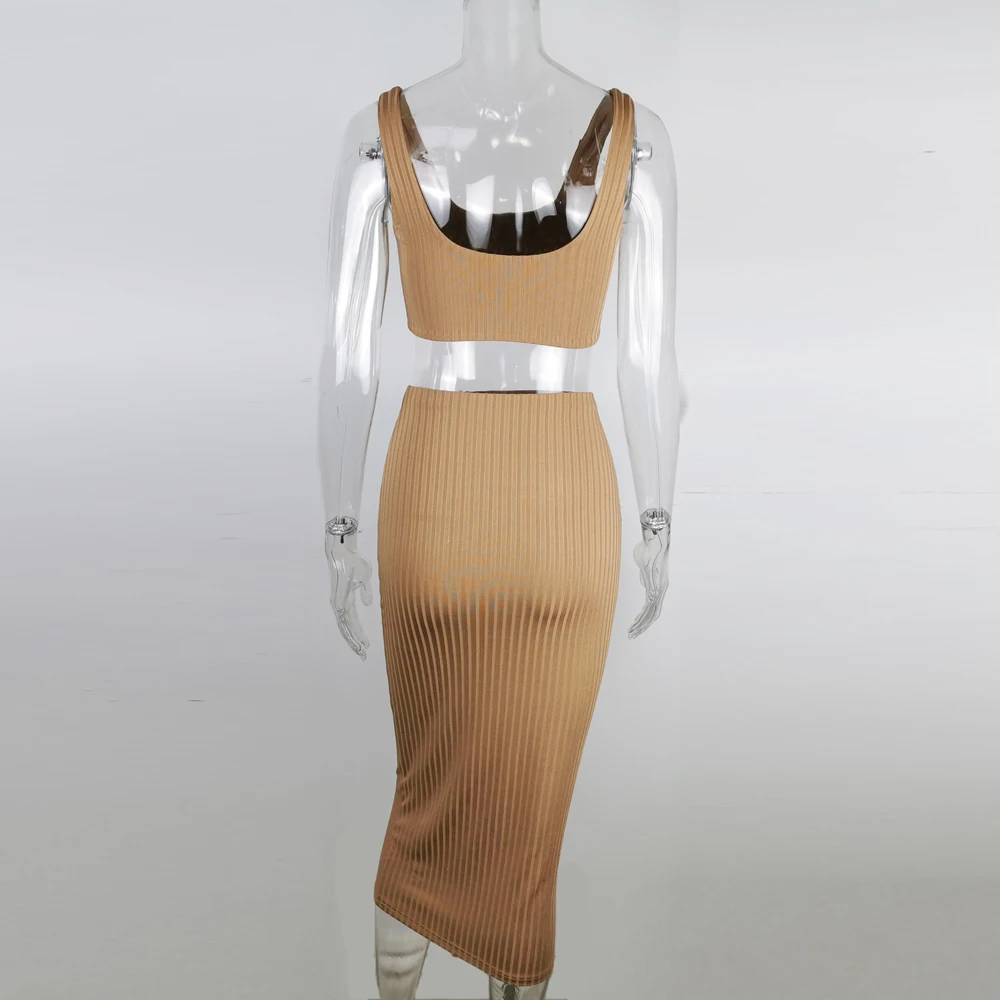 

Lofrcy 2020 Summer High Waist Nude Skinny Stretch Ribbed Midi Skirt With Matching Square Collar Crop Top Casual High Street Wear