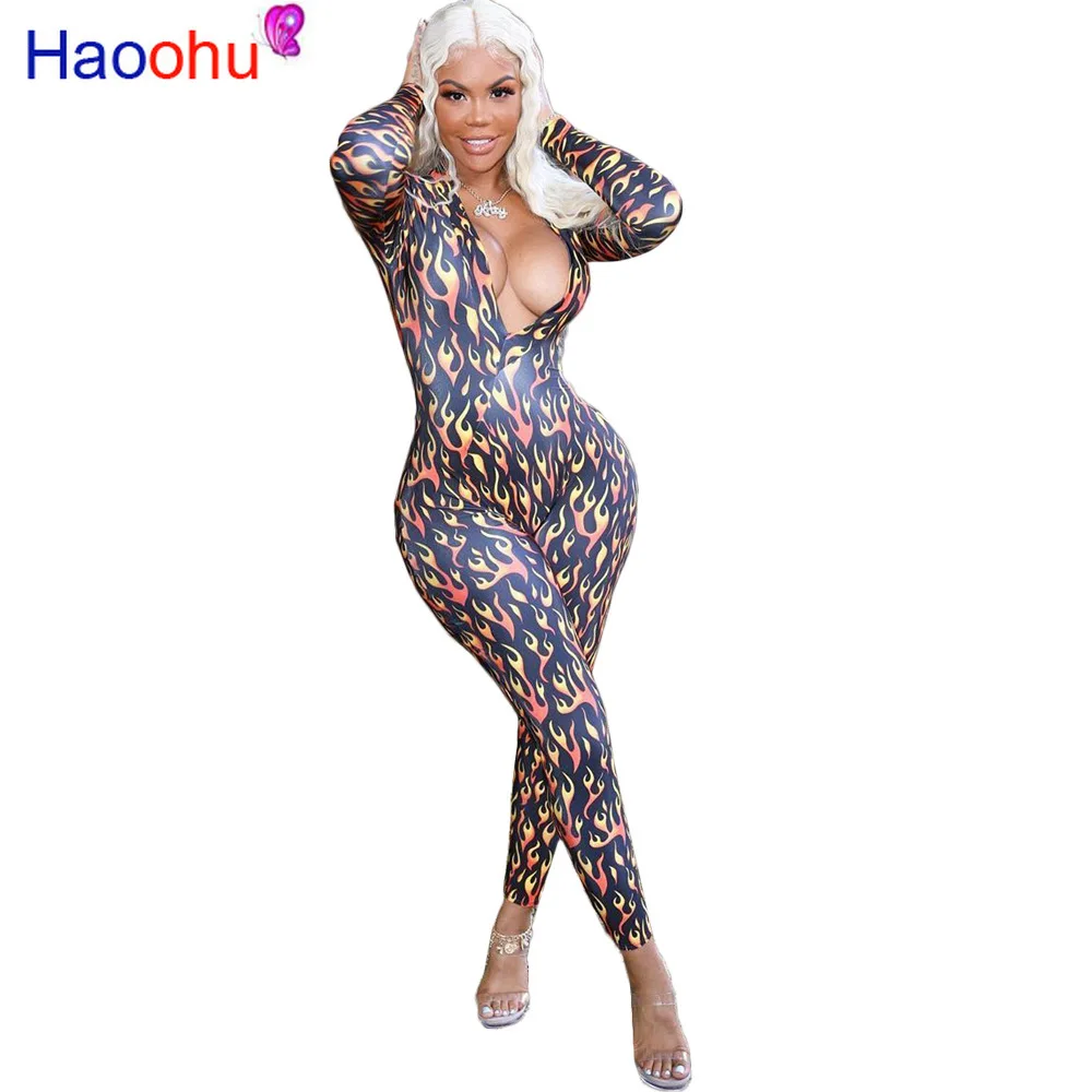 HAOOHU Fire Print сексуальные комбинезоны для женщин Rave Bodycon осень уличная Клубная