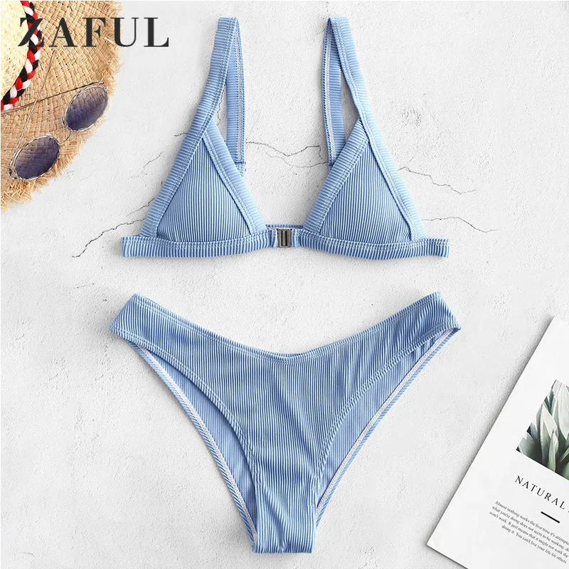 

ZAFUL Ribbed Front Closure Bikini Set Women Straps Solid Triangle Micro Swimsuit Padded Summer Bathing Suit Female Sexy Swimwear
