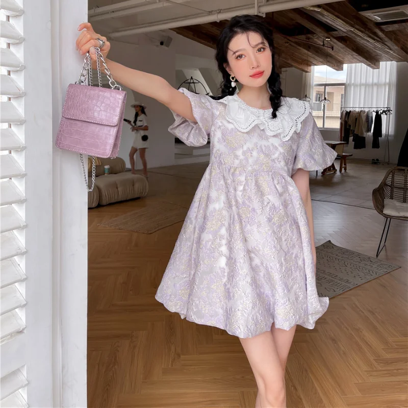 

Kimotimo Lace Collar Jacquard Dress Women 2021 Summer Puff Sleeve Sweet Loose A Line Mini Dresses Korean Temperament Clothing