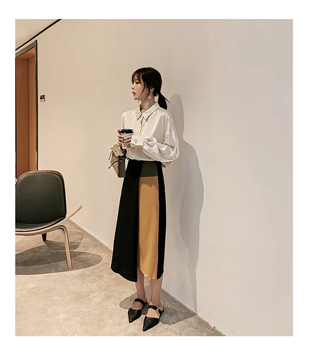 Patchwork Color Women 2019 Autumn Winter Fashion High Waist Irregualr Slim Skirts Female Casual Street A-Line |