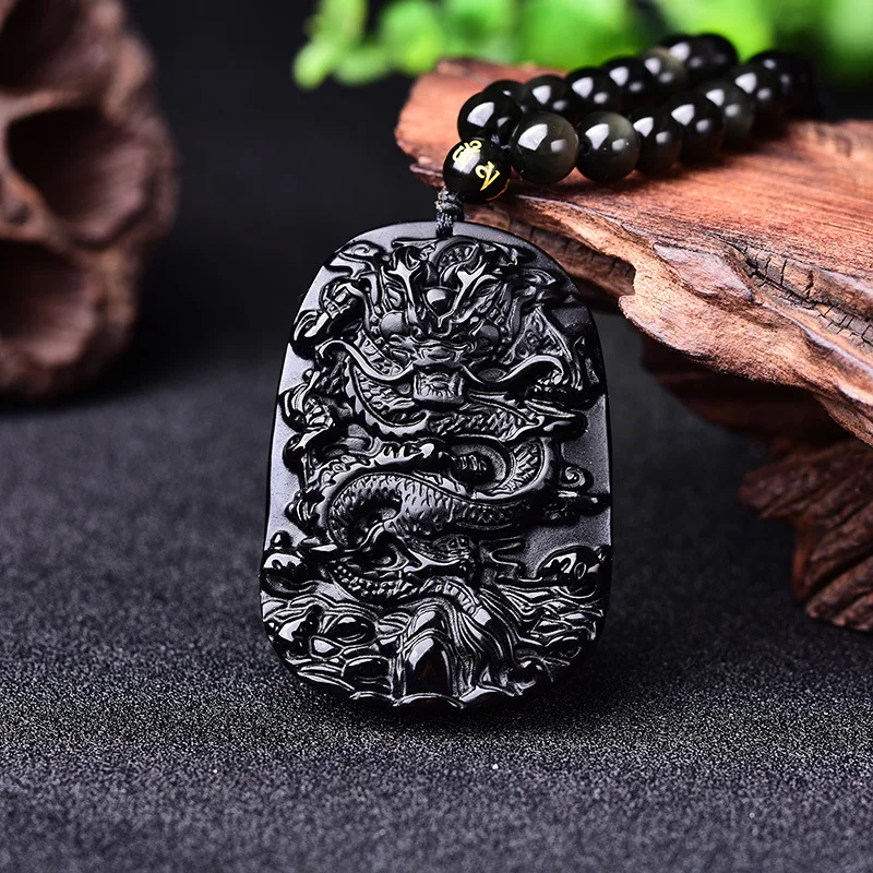 

Chinese Natural Black Obsidian Dragon Pendant Necklace Beads Hand-Carved Fashion Charm Jewellery Amulet for Men Women Luck Gifts