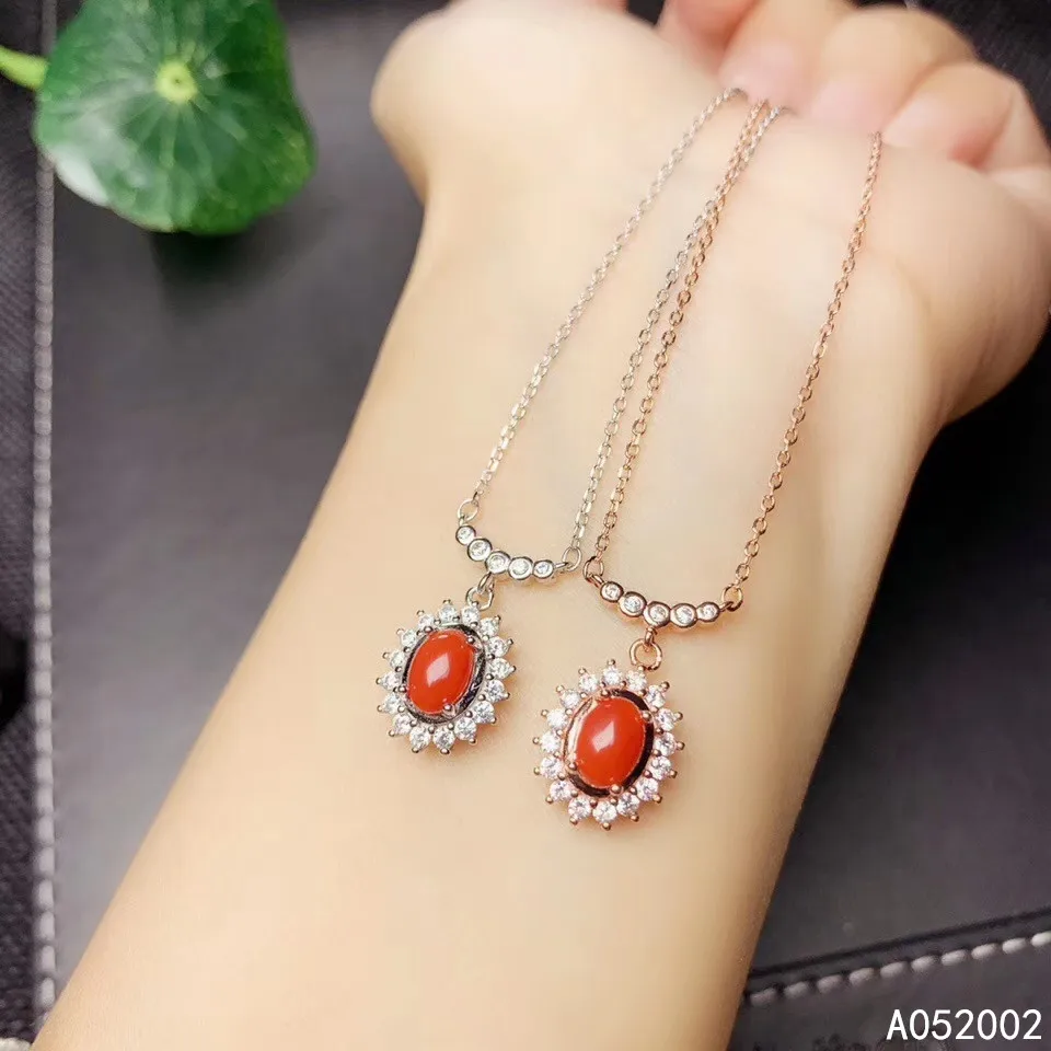 KJJEAXCMY fine jewelry natural red coral 925 sterling silver women gemstone pendant necklace chain support test lovely