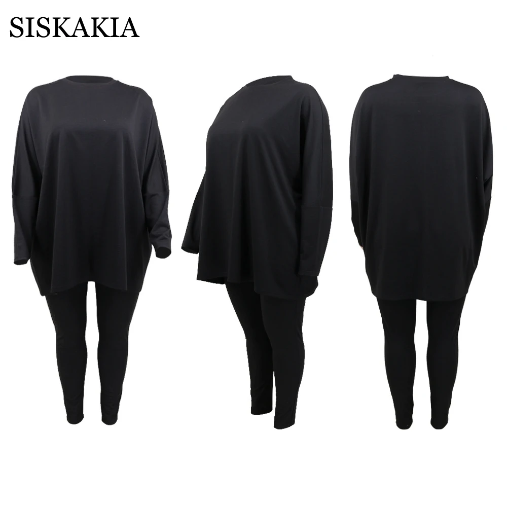 

Siskakia Plus Size Casual Two-Piece Set for Women Oversize Batwing Sleeve O Neck Tops with Pencil Pants Long Autumn Winter 2021