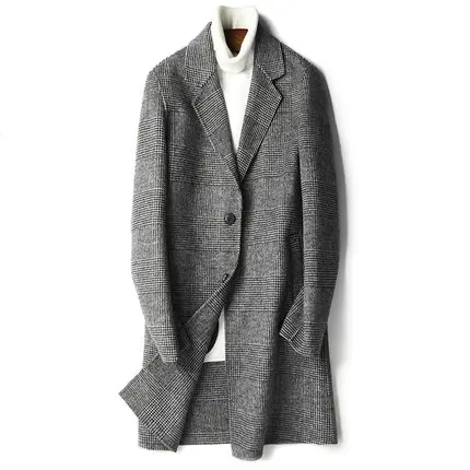 Осенне зимнее длинное шерстяное пальто мужское винтажное клетчатое корейское