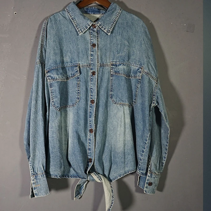 

Single Breasted Ladies Blouse Spring New Arrivals Autumn Denim Shirts For Women Light Blue Color Loose One Size Turndown Collar