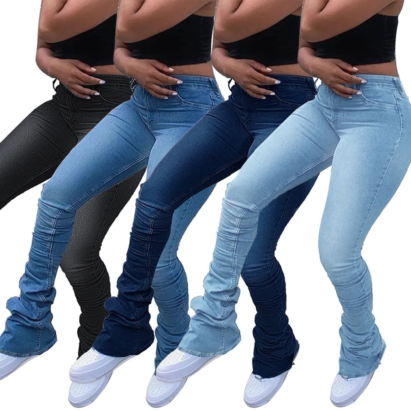 

European and American jeans Women's Solid Color Slim Pile Jeans