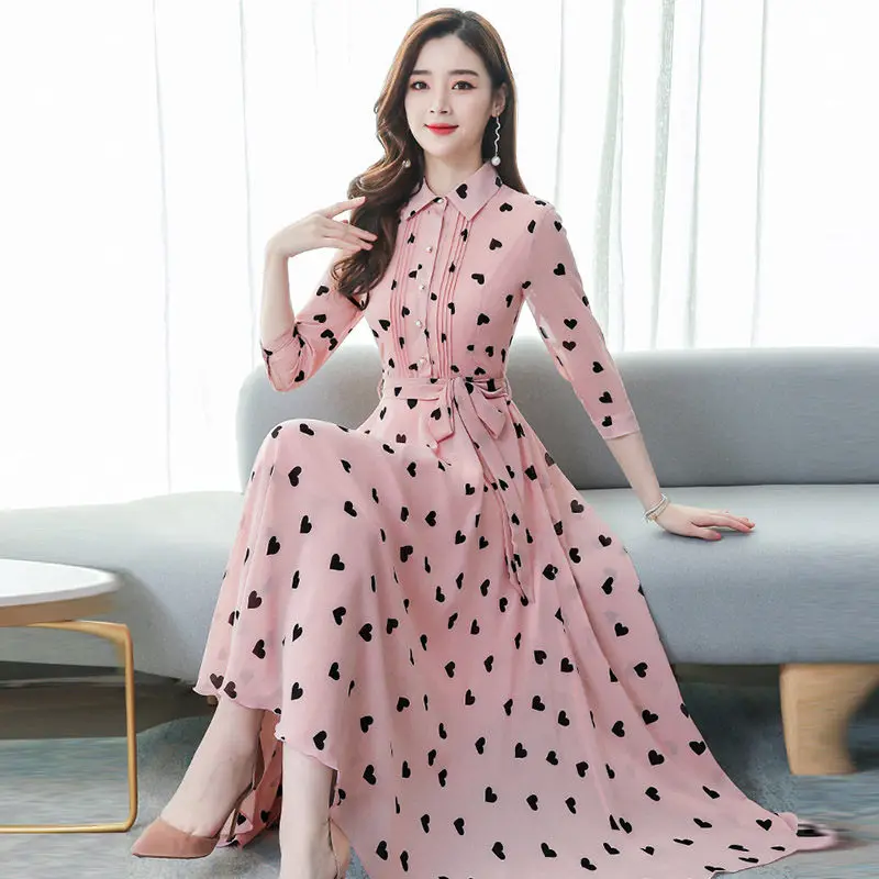 

Chiffon Lady Long Dress 2020 Spring New Fashion Floral Dresses A-line Pleated Print Elegant Women Vestidos Korean Clothing R264
