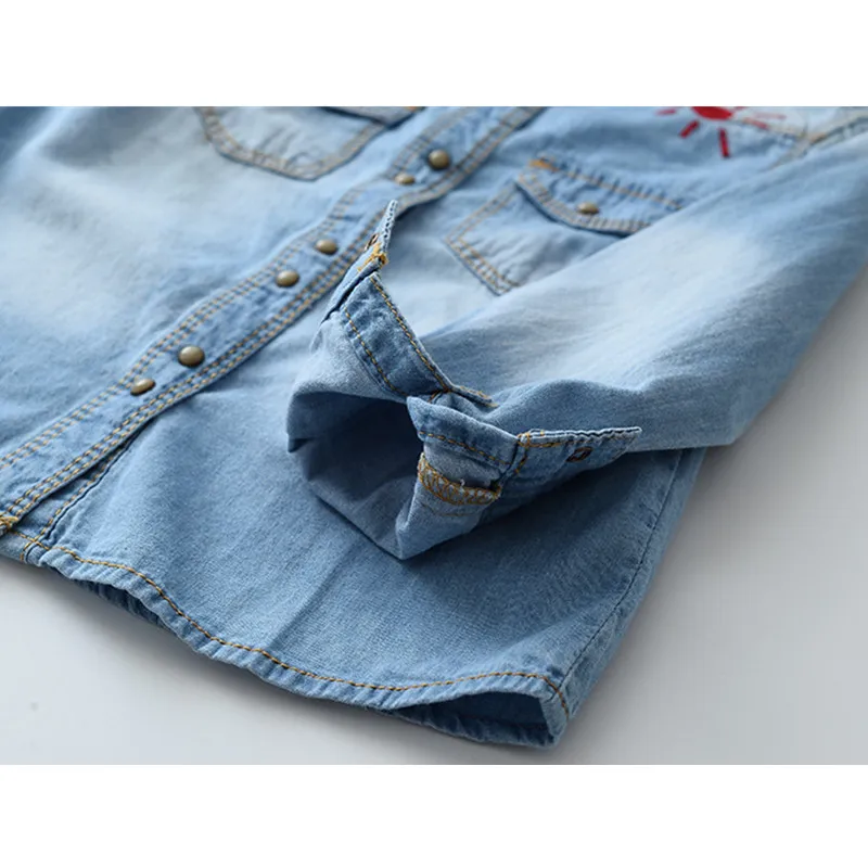 Детская джинсовая рубашка с длинным рукавом вышивкой | Мать и ребенок