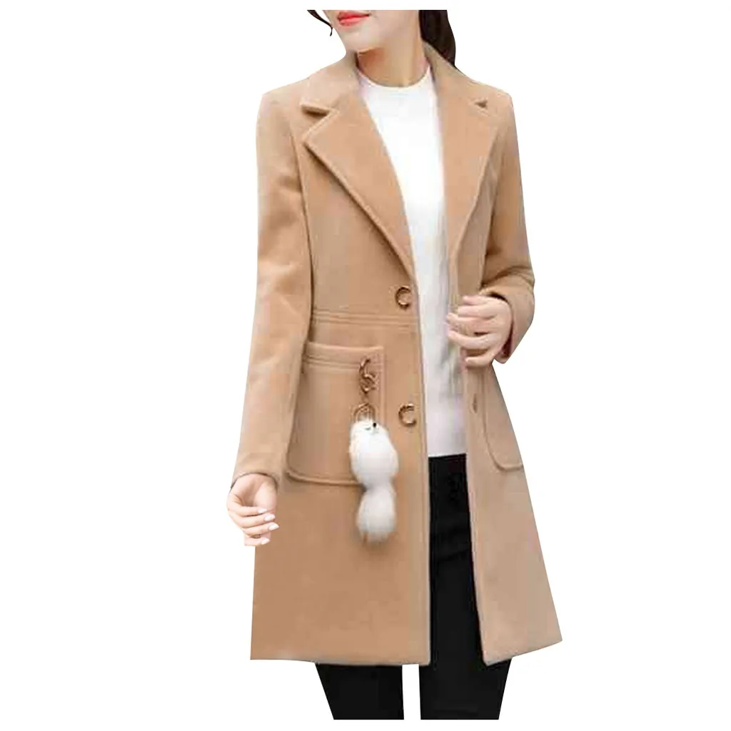 Женское шерстяное пальто на пуговицах Элегантное повседневное длинное для