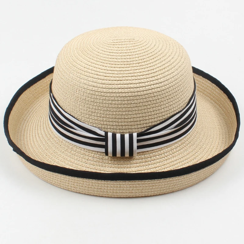 

HT3546 Straw Hat Fashion Striped Band Women Summer Hat Vintage Wide Brim Sun Hat Lady Packable Beach Cap Female Summer Beach Hat