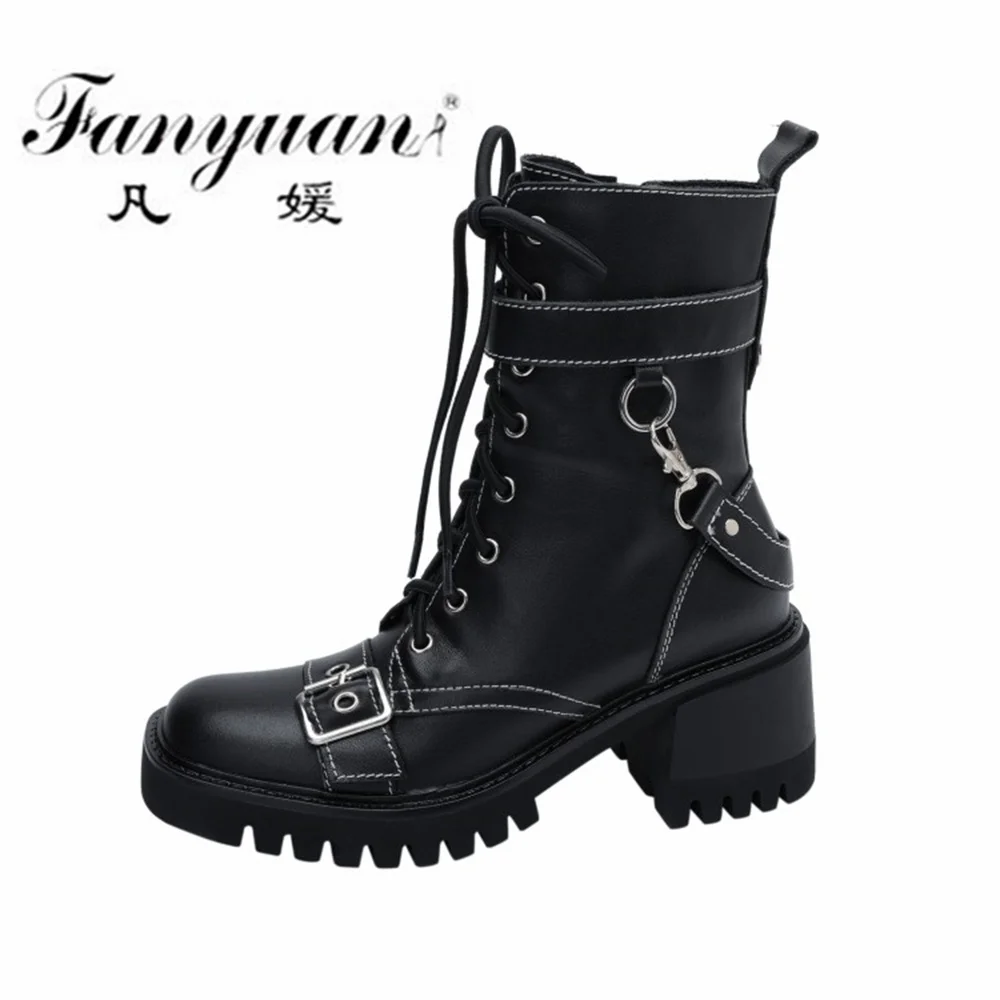

Мотоциклетные ботинки Fanyuan с пряжкой, модные женские ботильоны из натуральной кожи на толстом каблуке, обувь для отдыха на осень и зиму, женс...