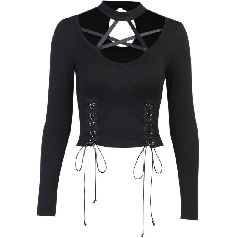 

Hanging Neck Bottoming Shirt Women Autumn Drawstring Strap Vintage Top Solid Black Long Sleeve Tee Sexy Club Streetwear
