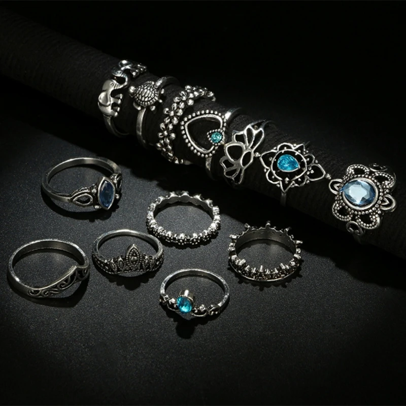 

13 pcs/Set Knuckle Ring Floral Stone Boho Vintage Jewelry Fashion Ethnic Crown