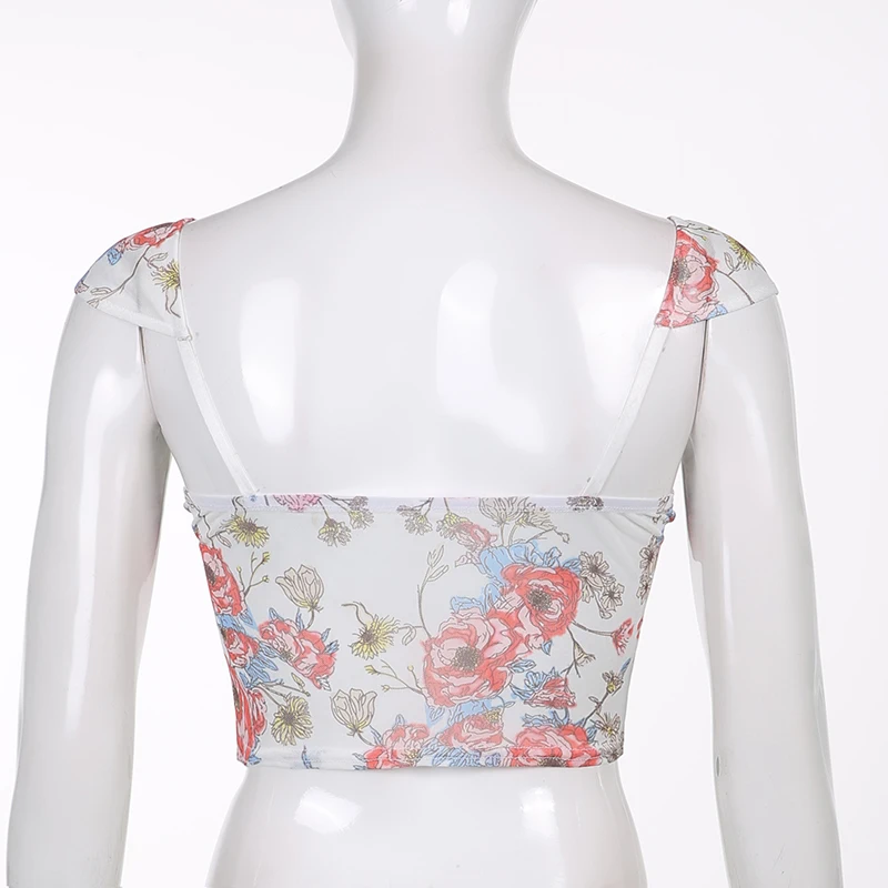 

Rockmore Floral Print Mesh Corset Top y2k Lace Bow Crop Top Sexy See Through Tanks Female Aesthetic Camis Summer Party Tees 2021