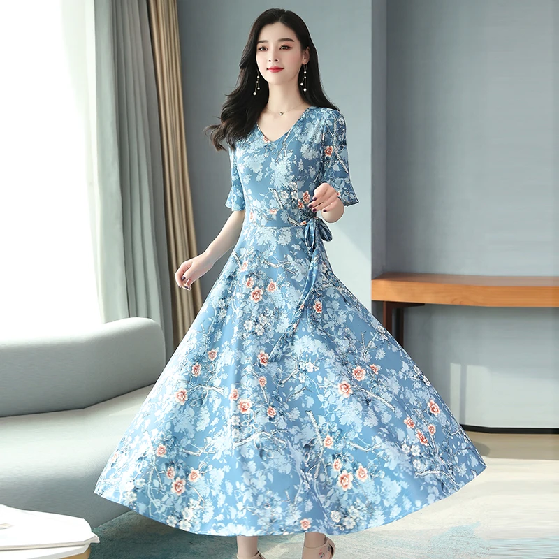 Цветочное платье 2020 Новое модное тонкое шифоновое длинное большого размера с