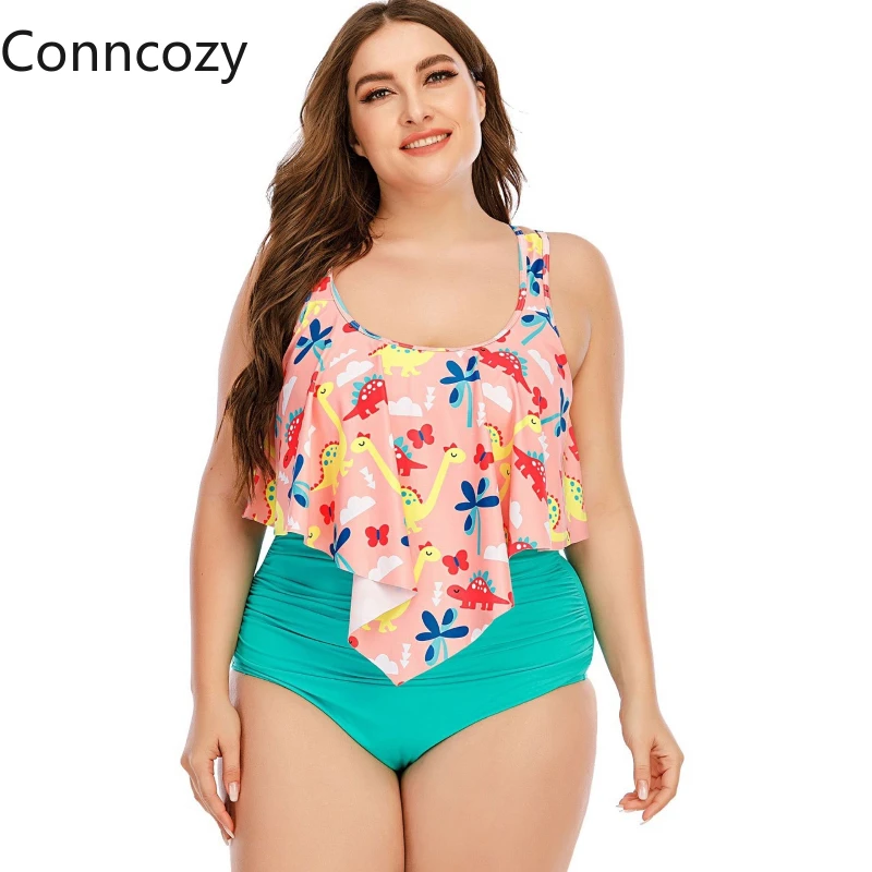 

Flower Pink Bikinis Set Plus Size Swimsuit Women Ruffles Conservative High Waist Two Piece Swimsuit Women Oversize Swimwear