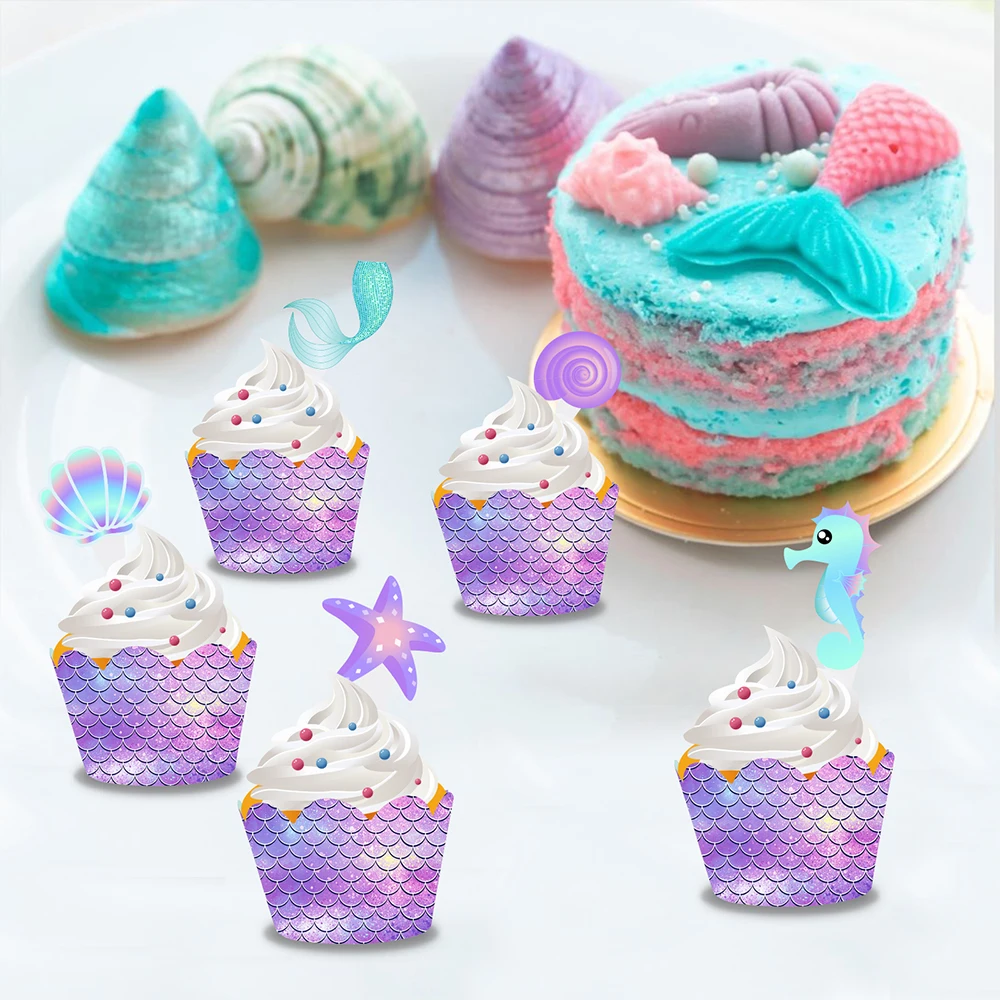 

20 sets Sweet Purple Cartoon Animals Sea Mermaid Shell HAPPY BIRTHDAY Party Cake Borders Wrappers Cupcake Toppers Decorations