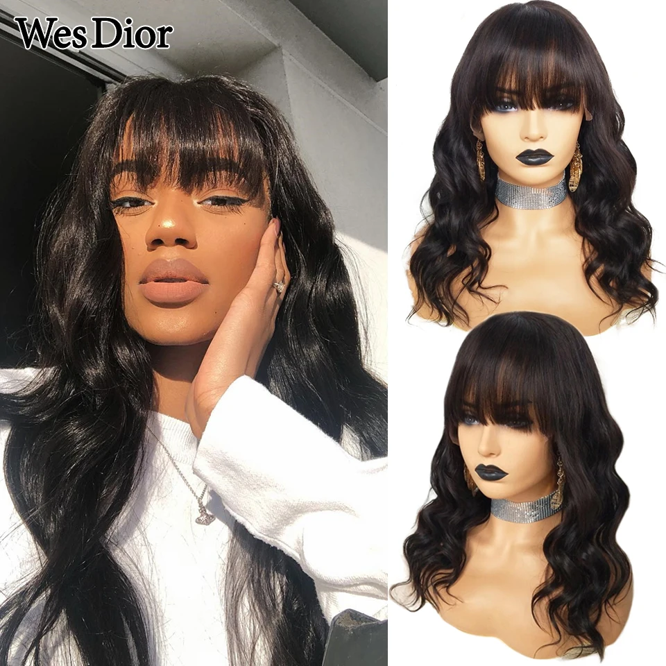 

Парик из натуральных волнистых волос, с челкой, 13x 4