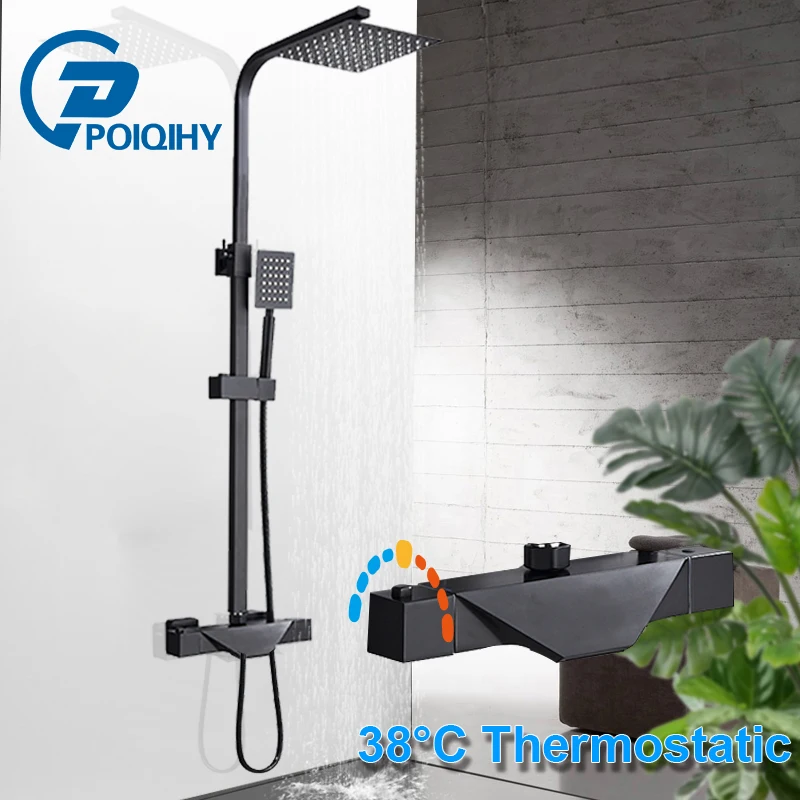 Black Thermostatic Bathroom Shower Faucet Set Rainfall 8 inch Shower Head High Quality Shower Crane Brass tub spout Mixer Taps