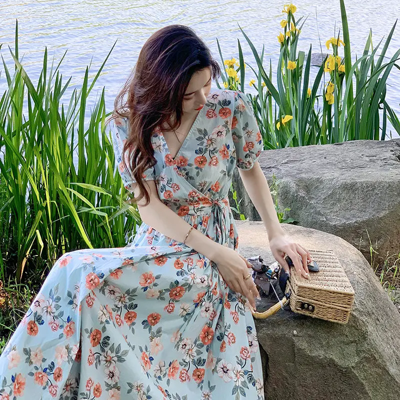 

Summer Elegant V-Neck Floral Dress Short-Sleeved Lace-Up Vintage Dress French Style 2021 Female Vestidos