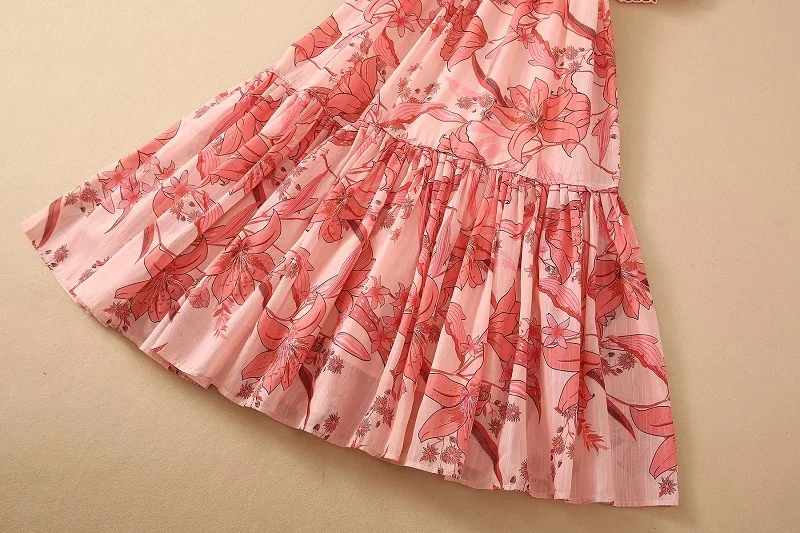 

High Quality Brand New Silk Dress 2021 Summer Fashion Women Stand Neck Red Floral Print Hollow Out Lace Embroidery Apricot Dress