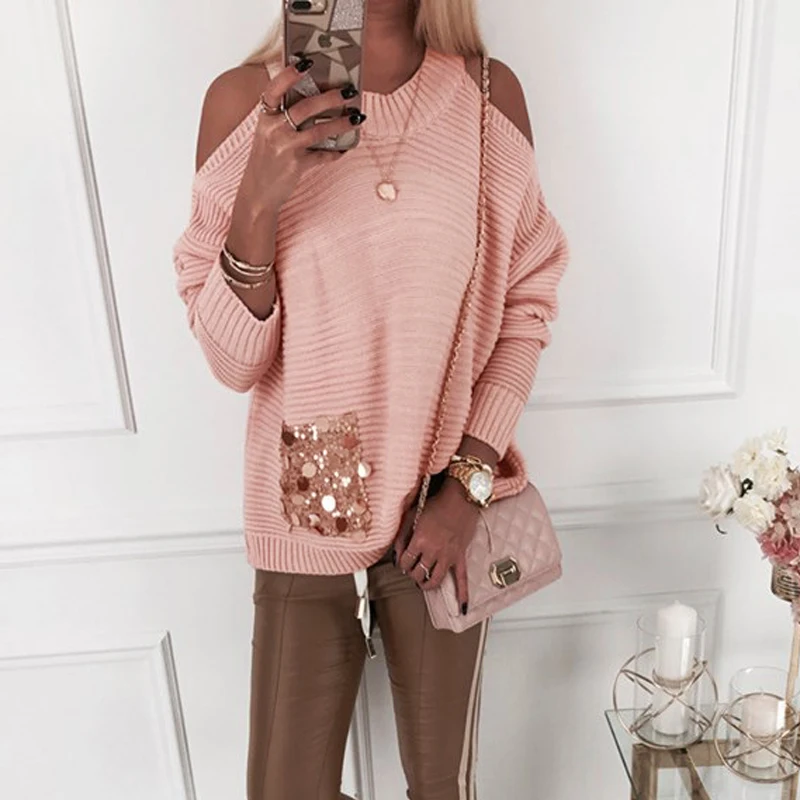 Autumn Winter Sweater LADY Casual Sequins Pocket Long Sleeve Knitted Pullover Streetwear Women Clothes | Женская одежда